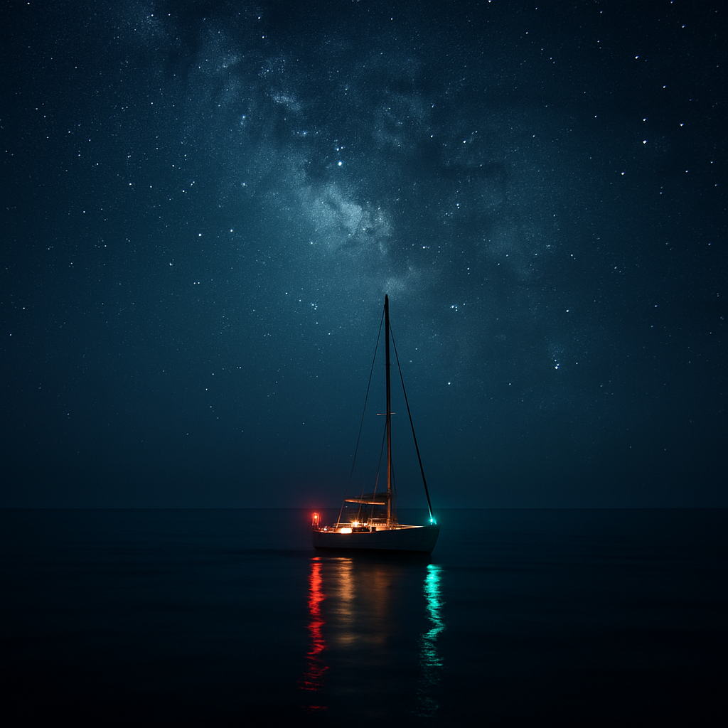 Velero navegando bajo un cielo estrellado con la Vía Láctea visible