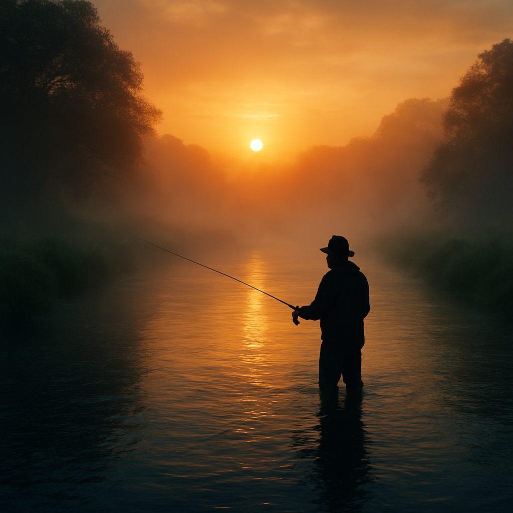 Pescador en un río español al atardecer