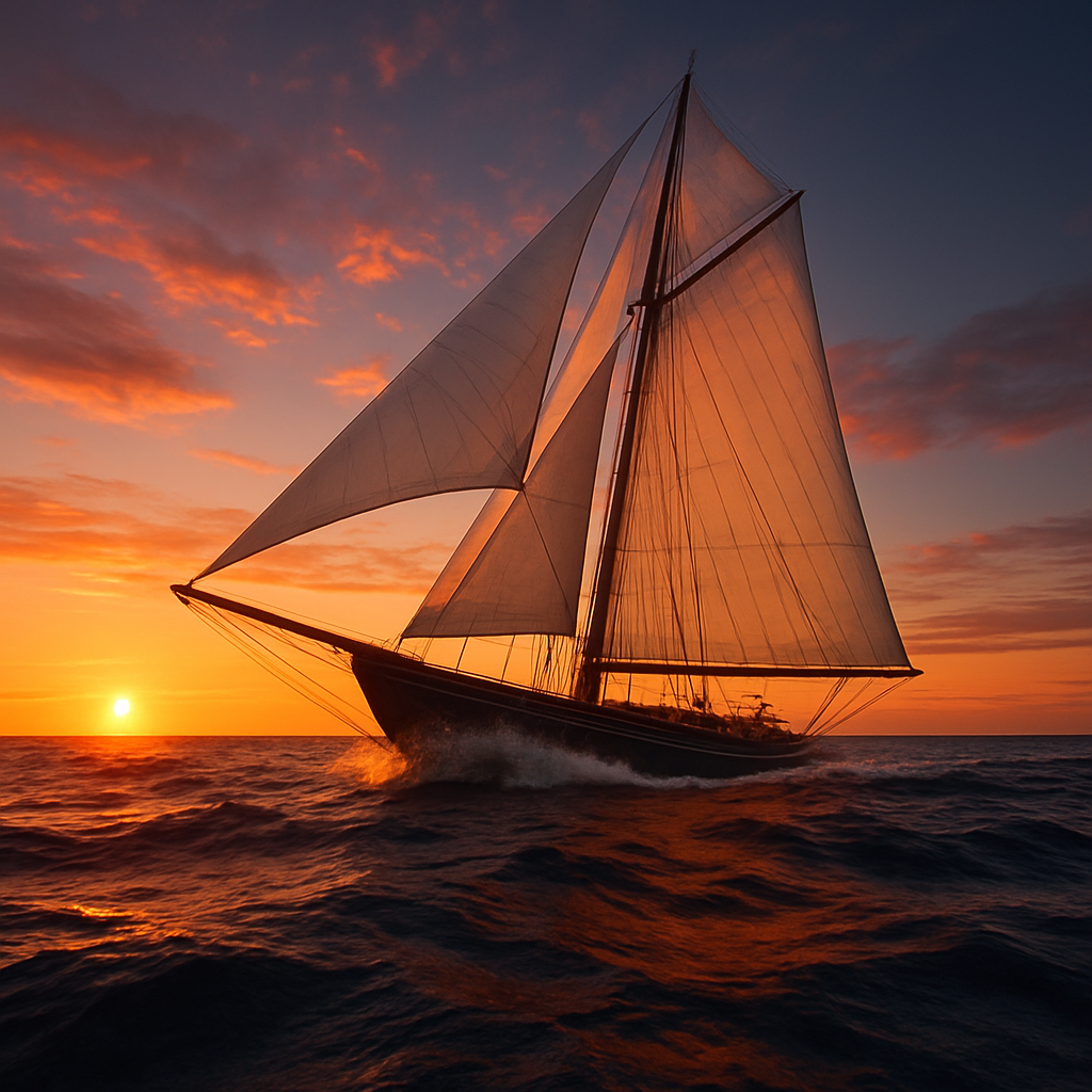 Velero navegando en aguas argentinas al atardecer
