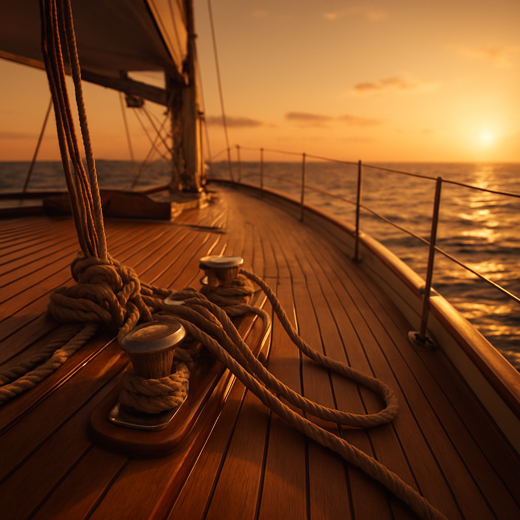 Cubierta de un velero al atardecer